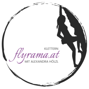 Flyrama Logo von flyrama: Scherenschnitt einer Kletterin, die ins Chalkbag greift
